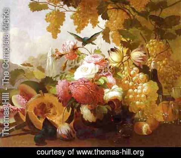 Thomas Hill - Still Life with roses and Wine Glasses